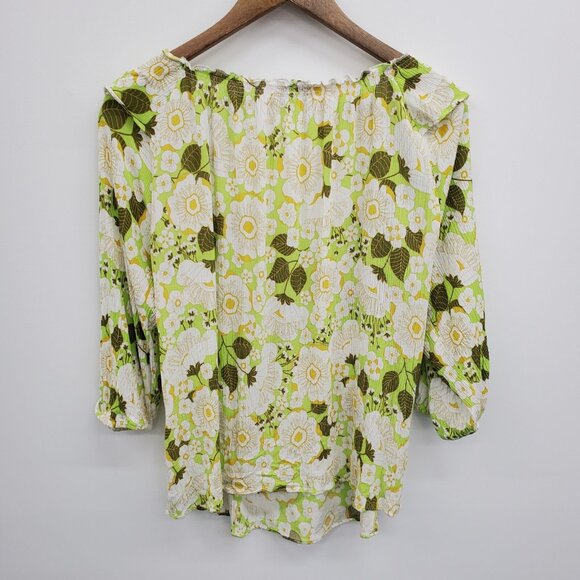Boho Floral Crinkle Blouse Ruffle Neck Lime Green Top L Cottagecore Peasant - Picture 6 of 16